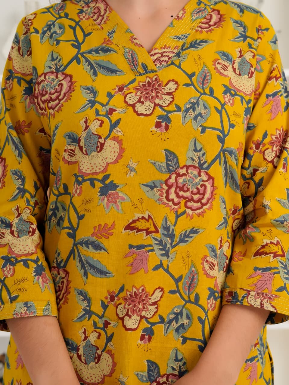 Mustard Yellow Floral Printed Women's Cotton Kurti | V-Neck | 3/4 Sleeves | Casual & Ethnic Wear - Image 14