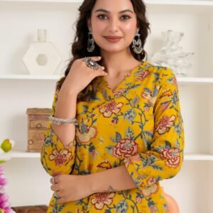 Mustard Yellow Floral Printed Women's Cotton Kurti | V-Neck | 3/4 Sleeves | Casual & Ethnic Wear