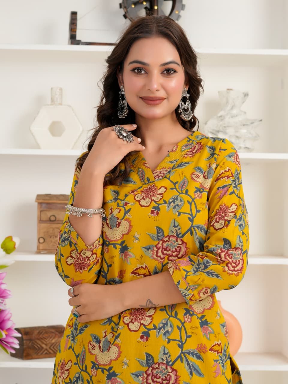 Mustard Yellow Floral Printed Women's Cotton Kurti | V-Neck | 3/4 Sleeves | Casual & Ethnic Wear