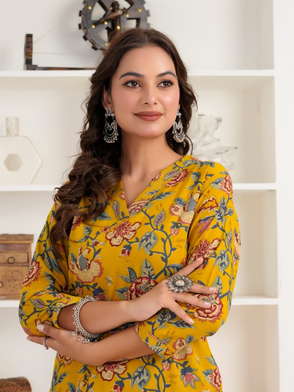 Mustard Yellow Floral Printed Women's Cotton Kurti | V-Neck | 3/4 Sleeves | Casual & Ethnic Wear - Image 2