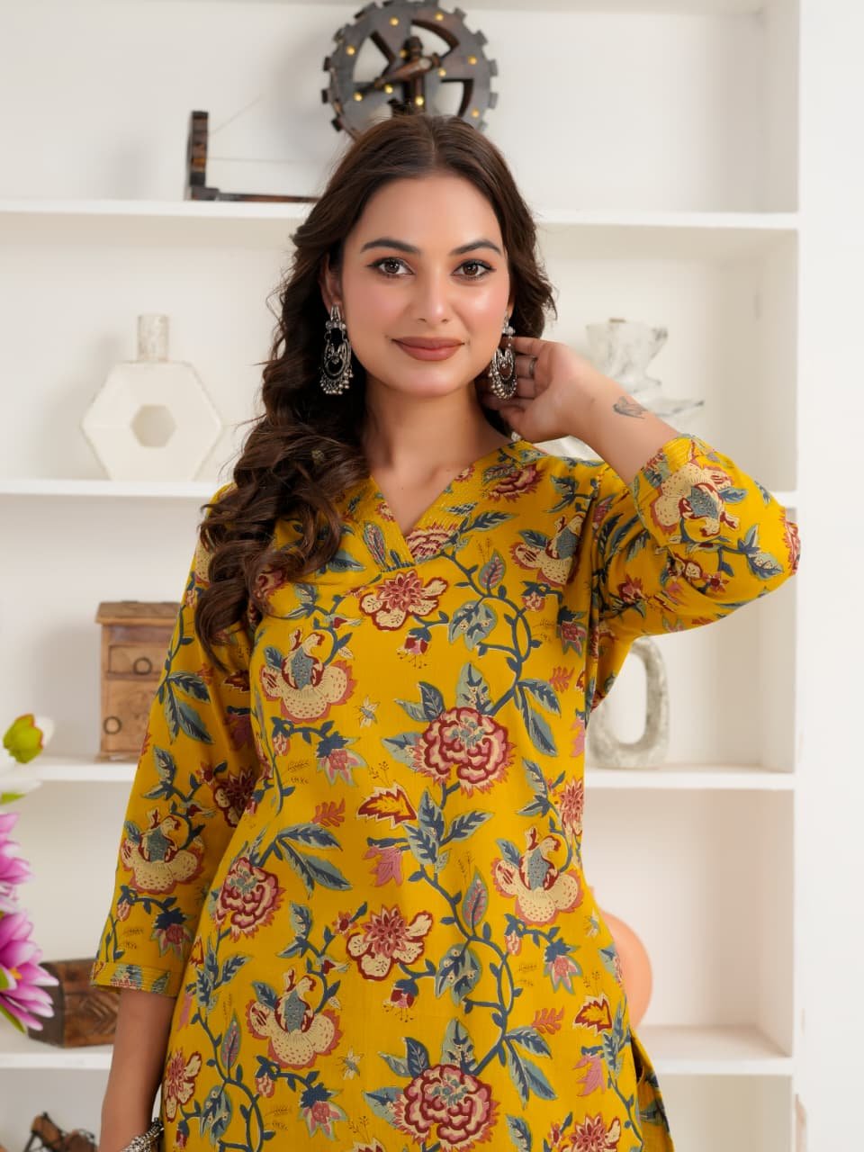 Mustard Yellow Floral Printed Women's Cotton Kurti | V-Neck | 3/4 Sleeves | Casual & Ethnic Wear - Image 3