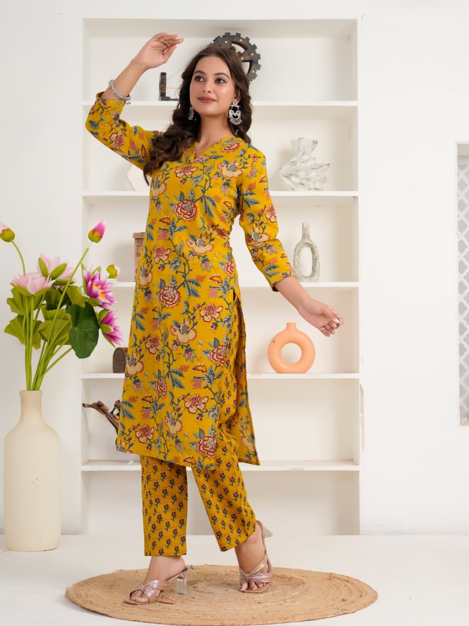 Mustard Yellow Floral Printed Women's Cotton Kurti | V-Neck | 3/4 Sleeves | Casual & Ethnic Wear - Image 4