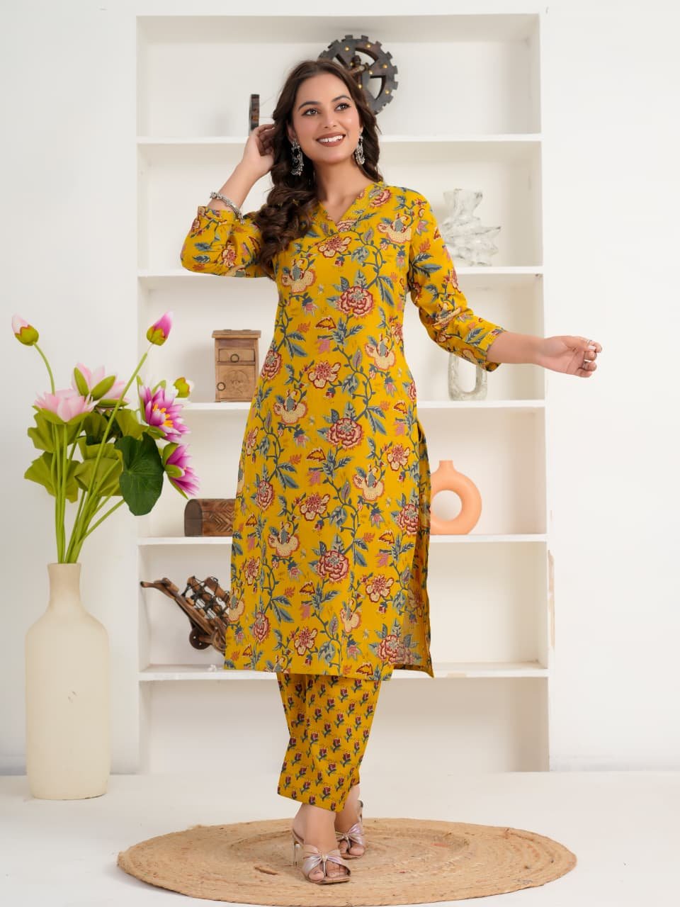 Mustard Yellow Floral Printed Women's Cotton Kurti | V-Neck | 3/4 Sleeves | Casual & Ethnic Wear - Image 5