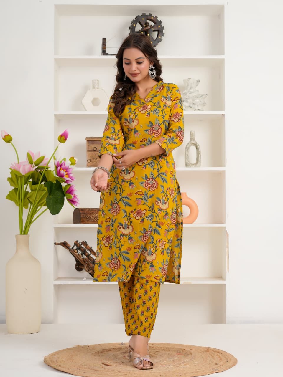 Mustard Yellow Floral Printed Women's Cotton Kurti | V-Neck | 3/4 Sleeves | Casual & Ethnic Wear - Image 13