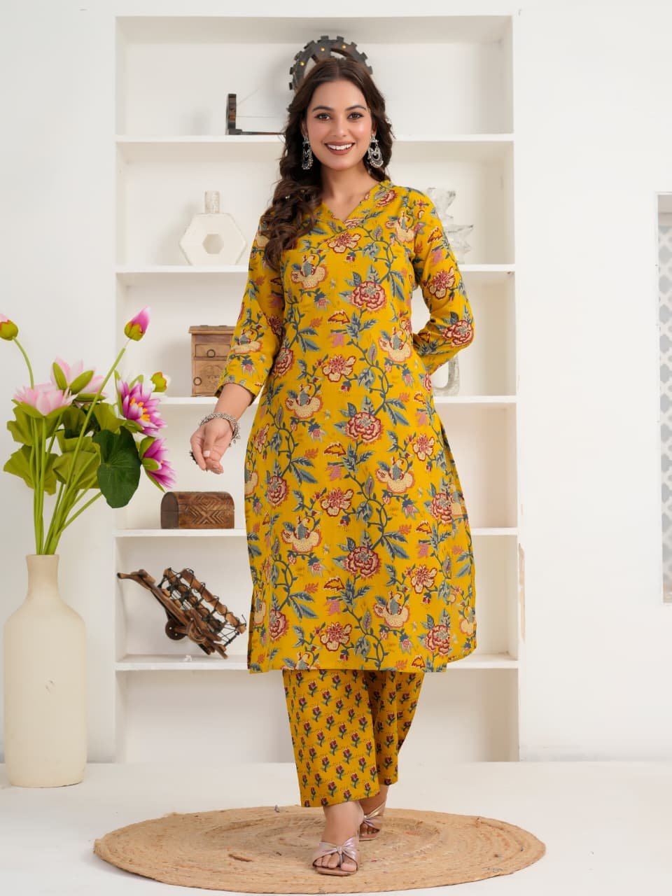 Mustard Yellow Floral Printed Women's Cotton Kurti | V-Neck | 3/4 Sleeves | Casual & Ethnic Wear - Image 12