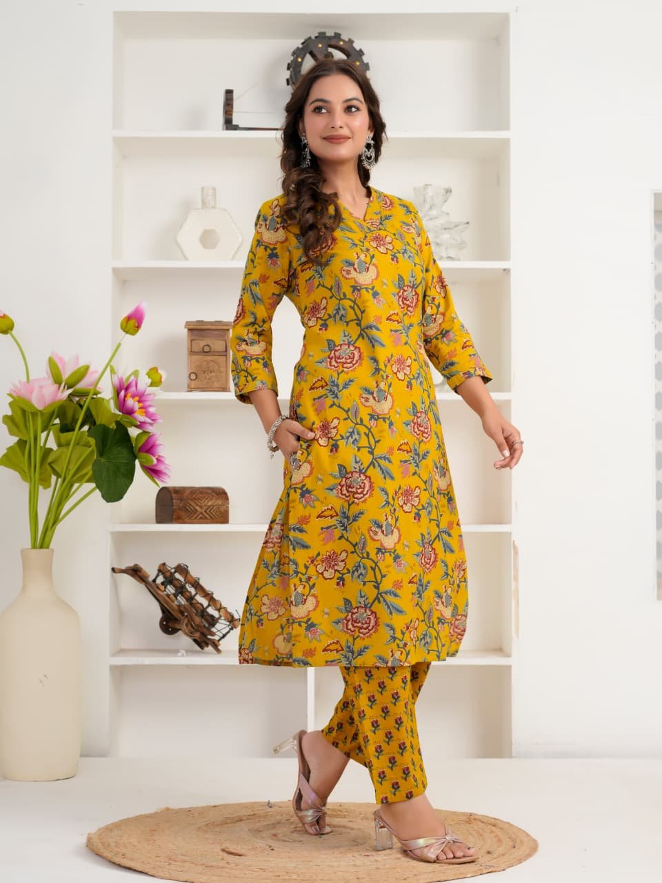 Mustard Yellow Floral Printed Women's Cotton Kurti | V-Neck | 3/4 Sleeves | Casual & Ethnic Wear - Image 11