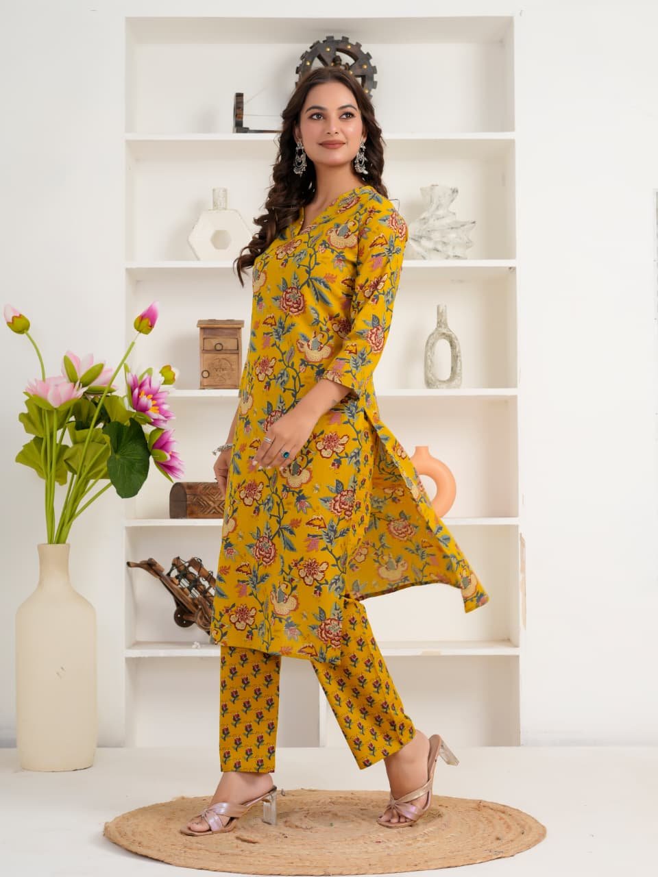 Mustard Yellow Floral Printed Women's Cotton Kurti | V-Neck | 3/4 Sleeves | Casual & Ethnic Wear - Image 10