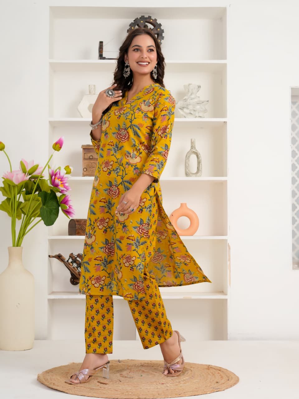 Mustard Yellow Floral Printed Women's Cotton Kurti | V-Neck | 3/4 Sleeves | Casual & Ethnic Wear - Image 9