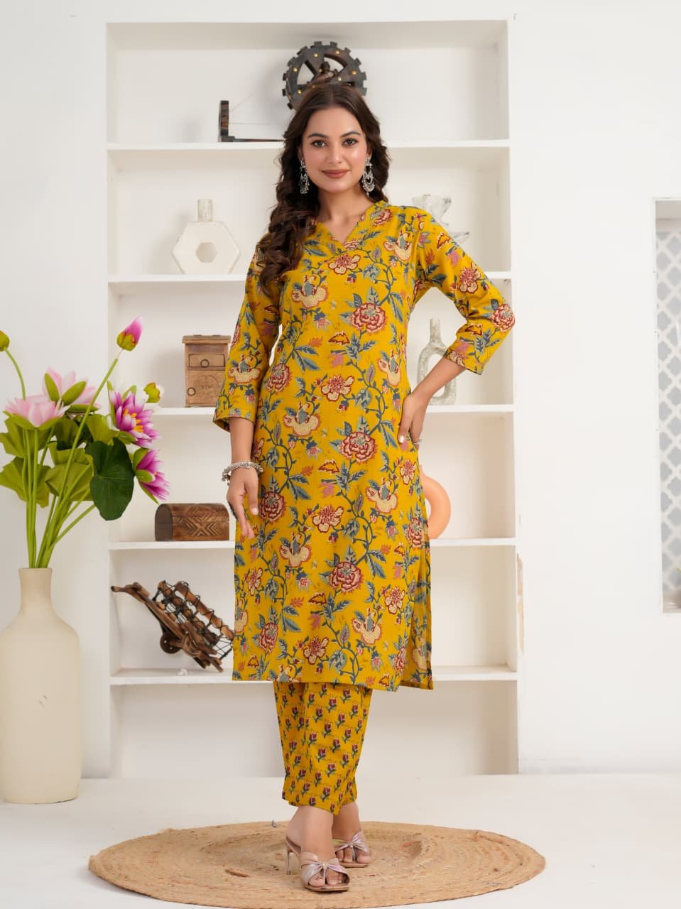 Mustard Yellow Floral Printed Women's Cotton Kurti | V-Neck | 3/4 Sleeves | Casual & Ethnic Wear - Image 8