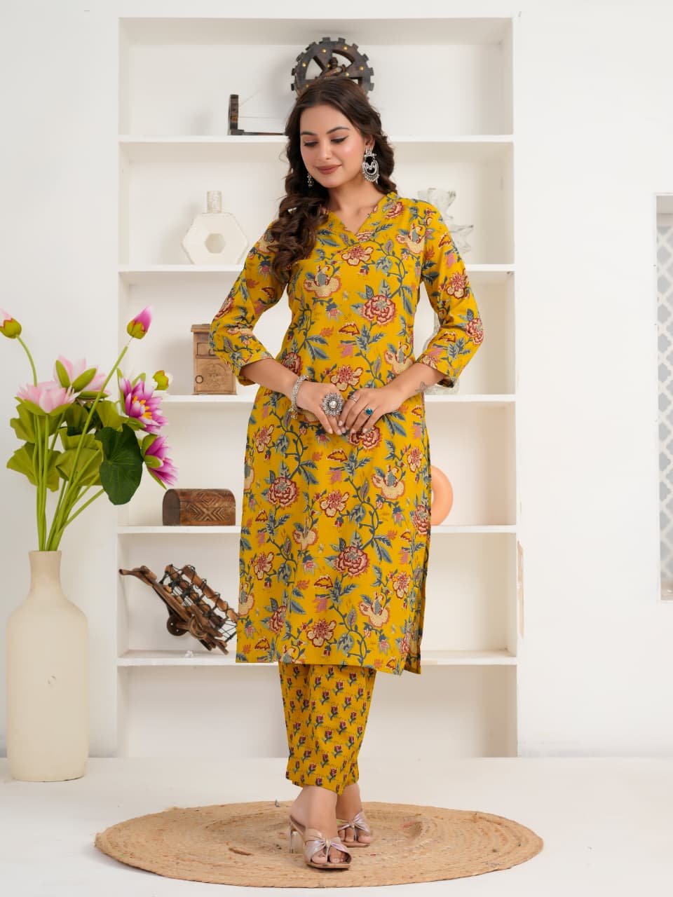 Mustard Yellow Floral Printed Women's Cotton Kurti | V-Neck | 3/4 Sleeves | Casual & Ethnic Wear - Image 7