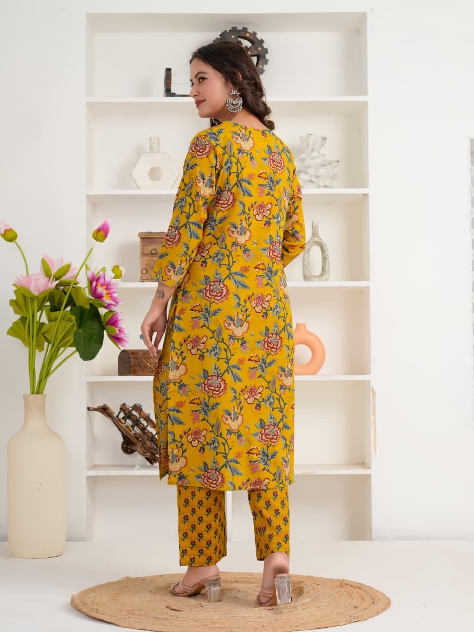Mustard Yellow Floral Printed Women's Cotton Kurti | V-Neck | 3/4 Sleeves | Casual & Ethnic Wear - Image 6